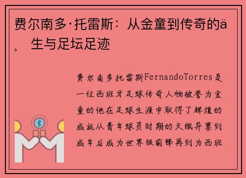 费尔南多·托雷斯：从金童到传奇的一生与足坛足迹